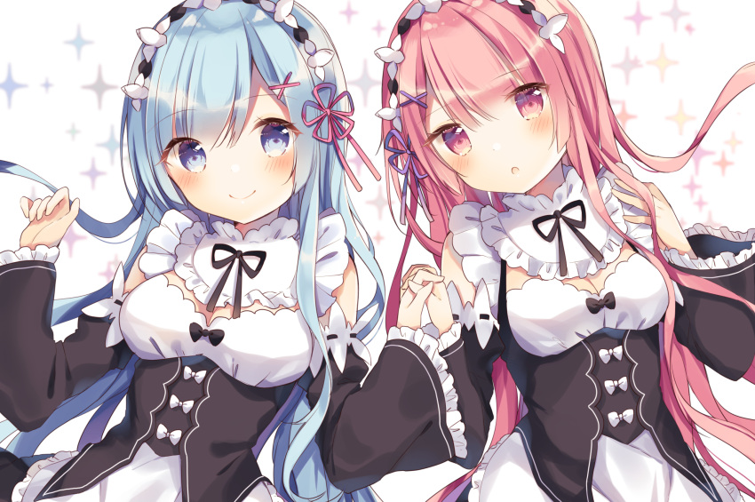 2girls :d alternate_hair_length alternate_hairstyle apron bangs bare_shoulders black_dress black_ribbon blue_eyes blue_hair blush bow breasts cleavage detached_collar detached_sleeves dress eyebrows_visible_through_hair frilled_apron frills hair_ornament hair_ribbon hairband hairclip hands_up highres lolita_hairband long_hair long_sleeves medium_breasts multiple_girls open_mouth pink_eyes pink_hair pink_ribbon purple_ribbon ram_(re:zero) re:zero_kara_hajimeru_isekai_seikatsu rem_(re:zero) ribbon round_teeth shiino_sera siblings sisters smile sparkle_background swept_bangs tareme teeth twins upper_body very_long_hair w_arms waist_apron white_apron white_bow x_hair_ornament