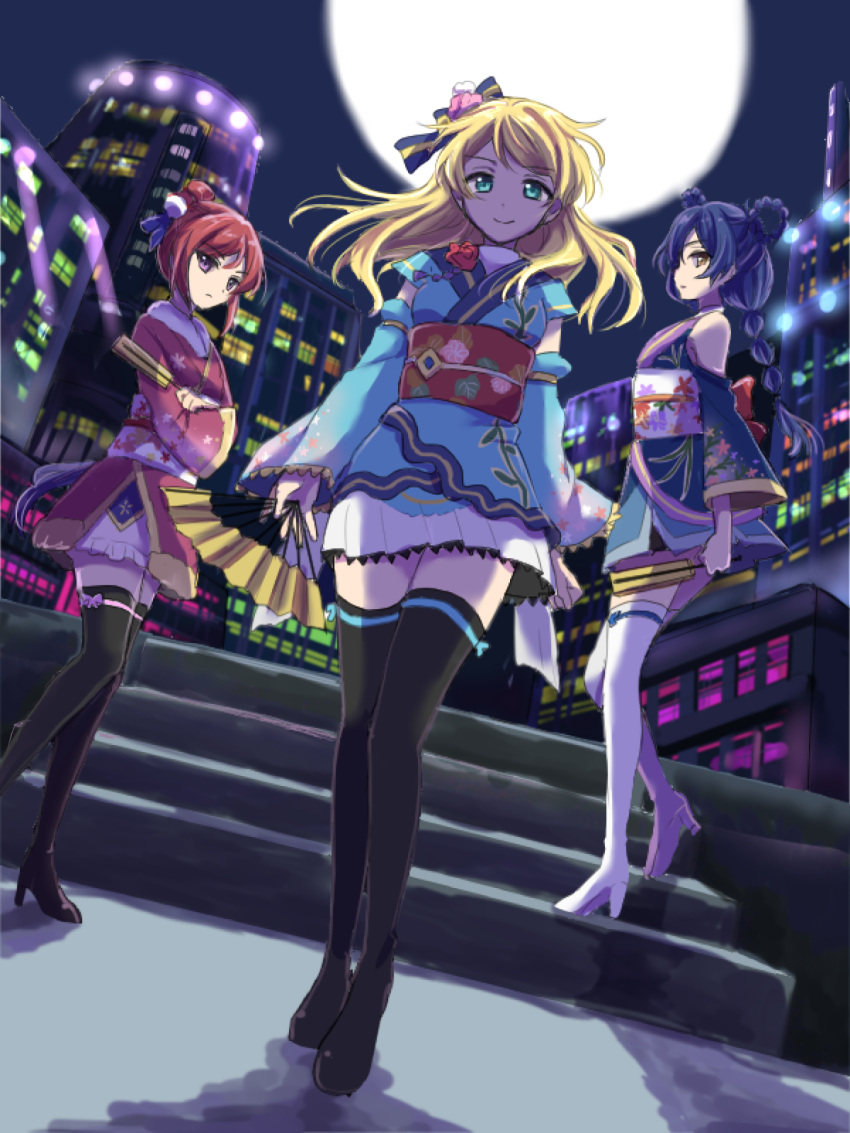 3girls angelic_angel ayase_eli black_footwear blonde_hair blue_hair boots braid brown_eyes crossed_arms double_bun fan floating_hair from_below full_body full_moon green_eyes hair_ornament high_heel_boots high_heels highres holding holding_fan japanese_clothes kimono long_hair looking_at_viewer love_live! love_live!_school_idol_project miniskirt moon multiple_girls night nishikino_maki obi outdoors parted_lips pleated_skirt red_flower redhead sash short_hair short_kimono sidelocks single_braid sketch skirt smile sonoda_umi stairs standing thigh-highs thigh_boots white_footwear white_skirt