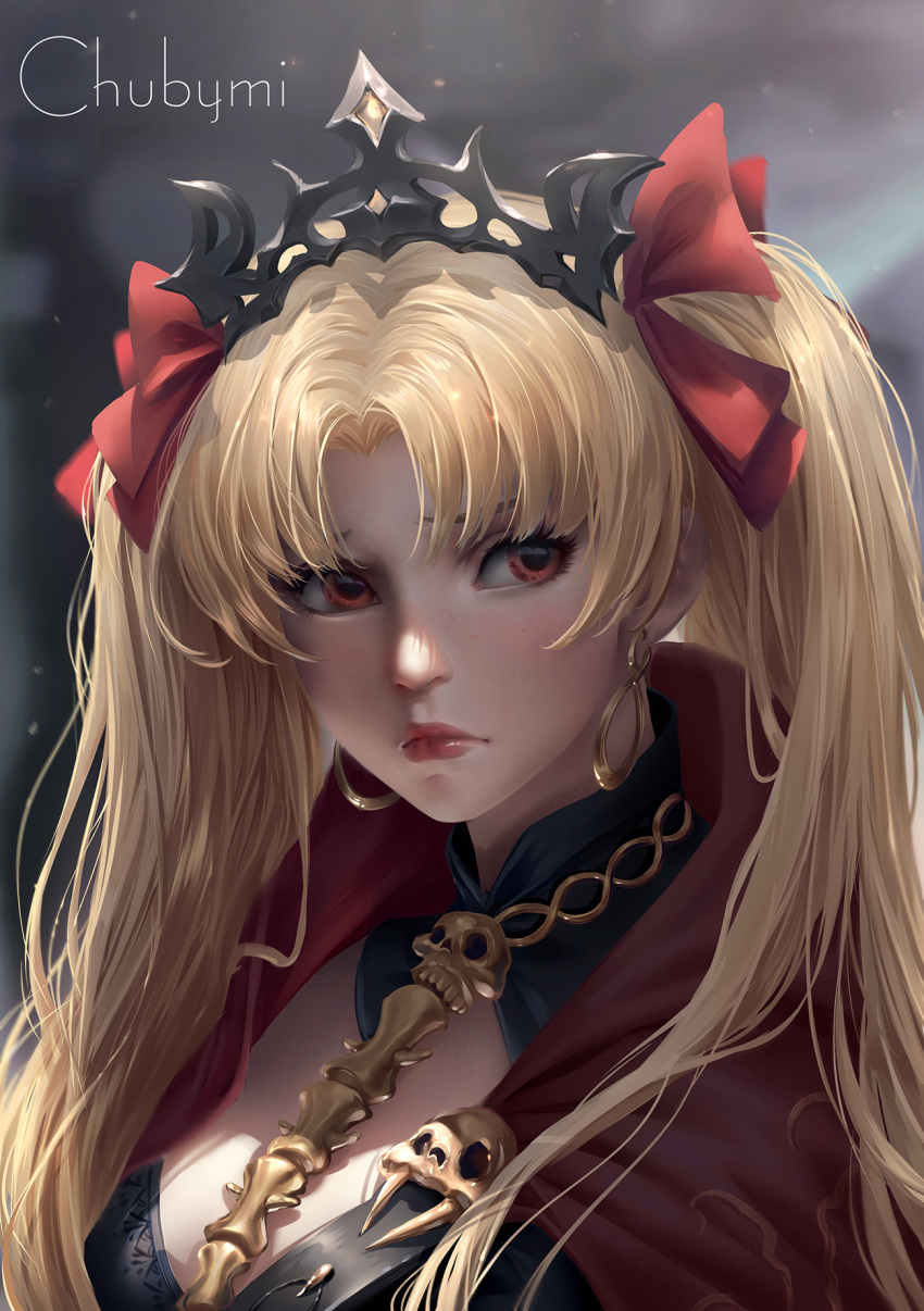 1girl artist_name blonde_hair bow breasts chuby_mi closed_mouth commission earrings ereshkigal_(fate/grand_order) fate/grand_order fate_(series) hair_bow highres jewelry light_frown long_hair looking_to_the_side medium_breasts red_bow red_eyes red_lips skull solo tohsaka_rin