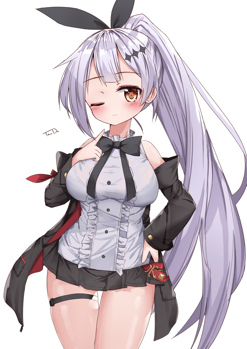 1girl ;&gt; ;3 absurdres bangs bare_shoulders black_jacket black_neckwear black_skirt blush bow bowtie breasts brown_eyes center_frills closed_mouth commentary_request cowboy_shot eyebrows_visible_through_hair five-seven_(girls_frontline) frills girls_frontline hair_ornament head_tilt high_ponytail highres jacket large_breasts long_hair long_sleeves miniskirt off_shoulder pleated_skirt pocket ponytail shirt signature silver_hair simple_background skindentation skirt solo tandohark very_long_hair white_background white_shirt