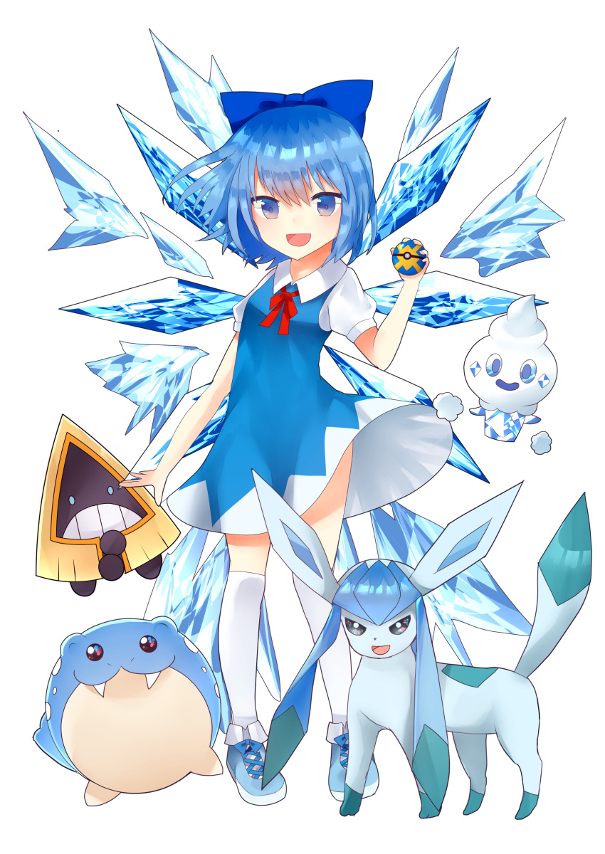 1girl :d absurdres blue_bow blue_dress blue_eyes blue_hair bow character_request cirno dress full_body glaceon hair_bow highres holding holding_poke_ball kneehighs looking_at_viewer neck_ribbon open_mouth poke_ball pokemon red_ribbon ribbon sakipsakip short_dress short_hair short_sleeves simple_background smile snorunt spheal standing touhou white_background white_legwear