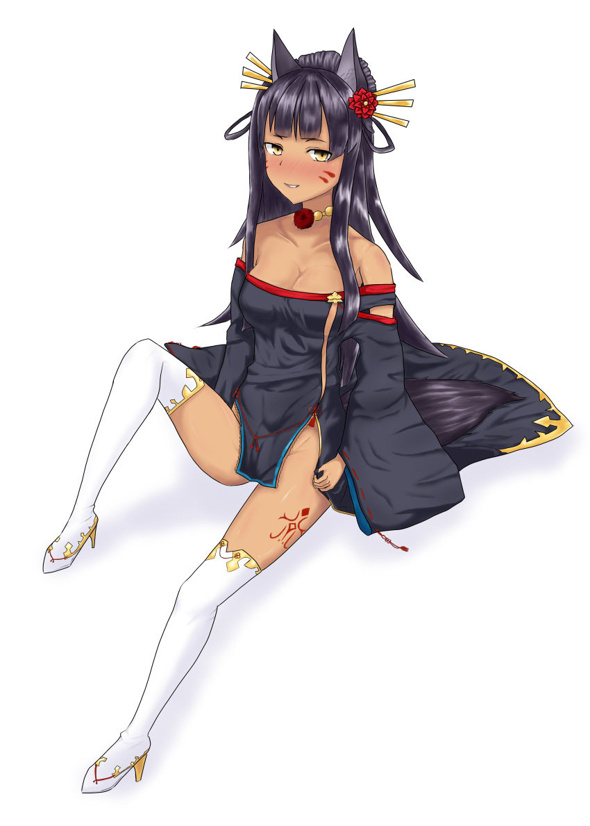 1girl absurdres animal_ears black_hair blush breasts brown_eyes cleavage detached_sleeves flower fox_ears full_body groin hair_flower hair_ornament hair_rings highres jewelry looking_at_viewer medium_breasts necklace parted_lips sennen_sensou_aigis sitting smile solo tan_skin tattoo tentacle_agent white_legwear youko-dahime_(sennen_sensou_aigis)