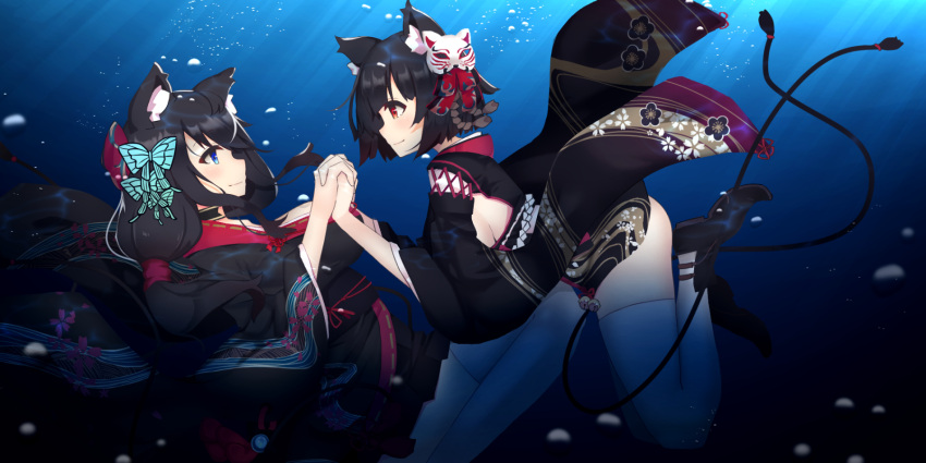 2girls air_bubble animal_ears azur_lane bangs bell black_footwear black_hair black_kimono blue_eyes blush breasts bubble butterfly_hair_ornament cat_ears day eye_contact feet_out_of_frame floral_print from_side full_body fusou_(azur_lane) hair_ornament hair_tie hand_holding highres interlocked_fingers japanese_clothes jingle_bell kimono large_breasts leaning_back leaning_forward light_rays long_hair long_sleeves looking_at_another low-tied_long_hair multiple_girls profile red_eyes shoes short_hair sideboob submerged sunbeam sunlight tareme tassel thigh-highs tohochang underwater water white_legwear wide_sleeves yamashiro_(azur_lane)