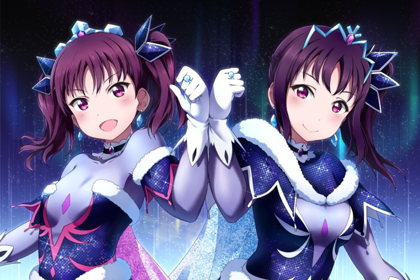 2girls bow breasts capelet choker clenched_hands gloves hair_bow jewelry kazuno_leah kazuno_sarah long_hair looking_at_viewer love_live! love_live!_sunshine!! multiple_girls open_mouth purple_hair ring saint_snow shiimai siblings side_ponytail sisters small_breasts smile tiara twintails violet_eyes white_gloves