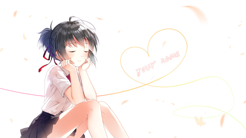 1girl arm_support bangs black_skirt blush bow bowtie braid butterfly closed_eyes closed_mouth commentary_request copyright_name eyebrows_visible_through_hair gradient_ribbon hair_ribbon head_rest heart heart_of_string highres kimi_no_na_wa miyamizu_mitsuha petals pleated_skirt purple_ribbon red_neckwear red_ribbon ribbon school_uniform shirt short_sleeves sitting skirt smile solo white_shirt xia_xiang_(ozicha)