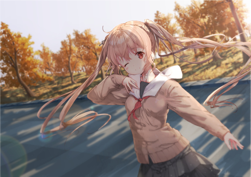 1girl ;) absurdres autumn bangs black_ribbon black_skirt blurry blurry_background cardigan closed_mouth commentary_request daitai_sotogawa_(futomomo) day depth_of_field dutch_angle eyebrows_visible_through_hair grey_sky hair_between_eyes hair_ribbon hand_on_own_chest head_tilt highres kantai_collection light_brown_hair long_hair long_sleeves looking_at_viewer murasame_(kantai_collection) neckerchief one_eye_closed outdoors outstretched_arm pleated_skirt red_eyes red_neckwear ribbon school_uniform skirt sky smile solo tree twintails very_long_hair