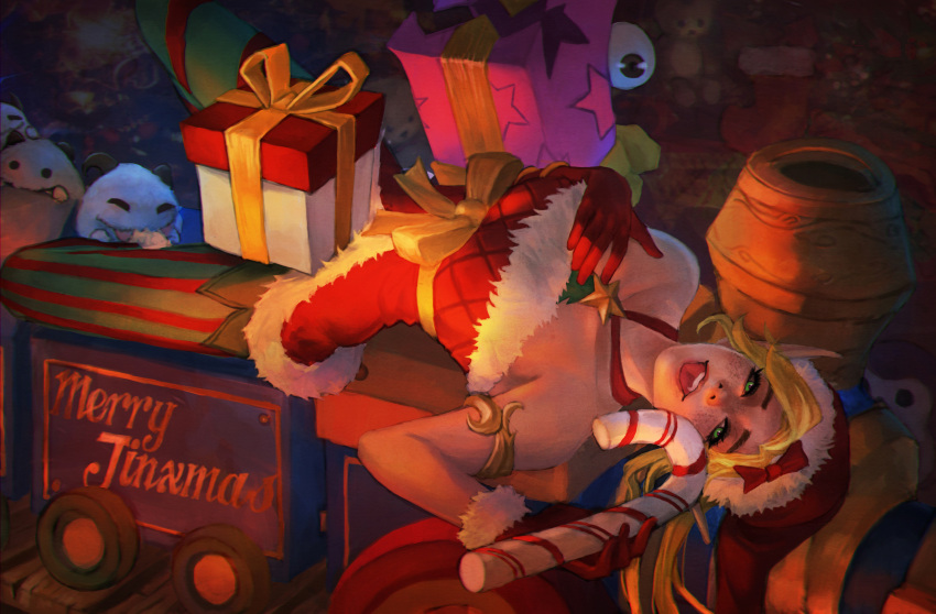 1girl absurdres alternate_costume alternate_hair_color alternate_hairstyle ambitious_elf_jinx blonde_hair candy candy_cane christmas food gift hat highres jinx_(league_of_legends) league_of_legends looking_at_viewer lying monori_rogue naughty_face on_back santa_hat solo tongue tongue_out