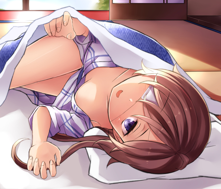 1girl blanket blush breasts brown_hair cleavage commentary_request downblouse eyepatch futon highres long_hair looking_at_viewer lying medical_eyepatch neit_ni_sei on_back one_eye_covered open_mouth original pillow shiny shiny_skin smile solo tatami thighs under_covers violet_eyes