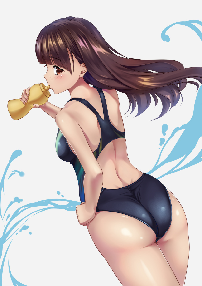 1girl ass bangs blush bottle brown_eyes brown_hair competition_swimsuit cowboy_shot drinking dutch_angle eyebrows_visible_through_hair floating_hair from_behind hand_on_hip highres holding holding_bottle long_hair one-piece_swimsuit original profile simple_background solo swimsuit tareme thighs toumin water_bottle wedgie white_background