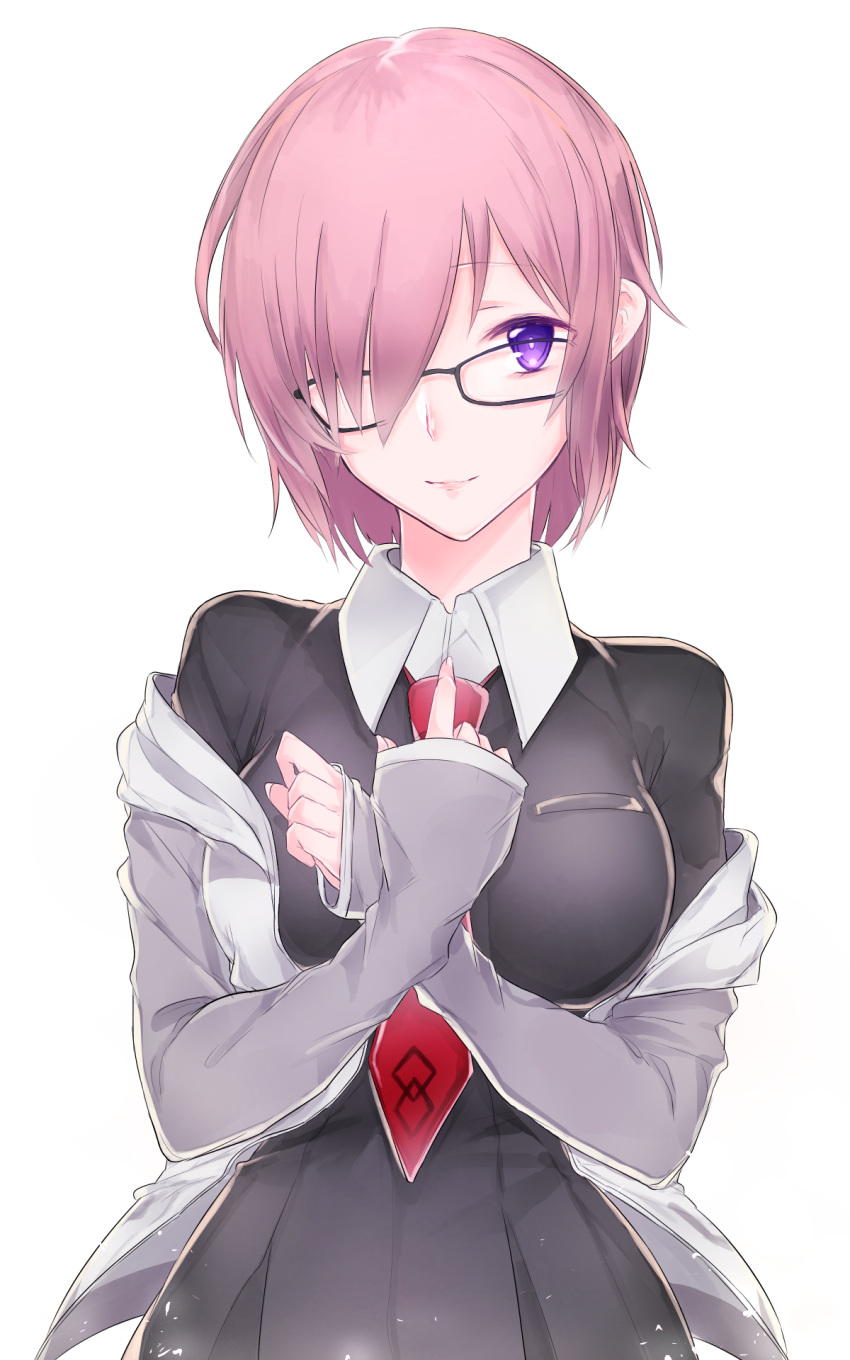 1girl black_dress breasts collared_shirt commentary_request dress fate/grand_order fate_(series) glasses gomi_(u_ronche) hair_over_one_eye head_tilt highres lavender_hair light_particles light_smile lips lipstick looking_at_viewer makeup mash_kyrielight medium_breasts necktie off_shoulder pointing pointing_at_self red_neckwear shirt short_hair sidelocks simple_background sleeves_past_wrists smile solo upper_body violet_eyes white_background white_shirt