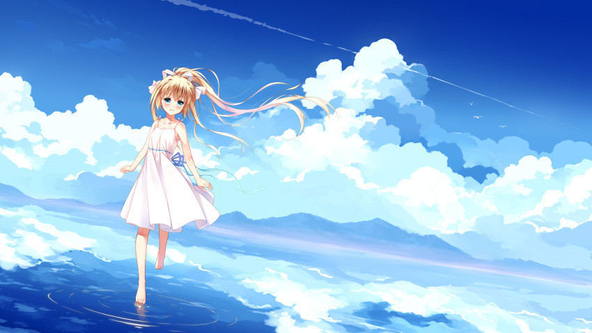 1girl air bangs bare_arms bare_shoulders barefoot bird blonde_hair blue_eyes blue_ribbon blue_sky blush clouds collarbone commentary_request condensation_trail day dress dutch_angle eyebrows_visible_through_hair hair_between_eyes hair_ribbon highres kamio_misuzu looking_at_viewer mountain ocean outdoors parted_lips ribbon sky sleeveless sleeveless_dress smile solo sundress walking walking_on_liquid water white_dress white_ribbon xia_xiang_(ozicha)