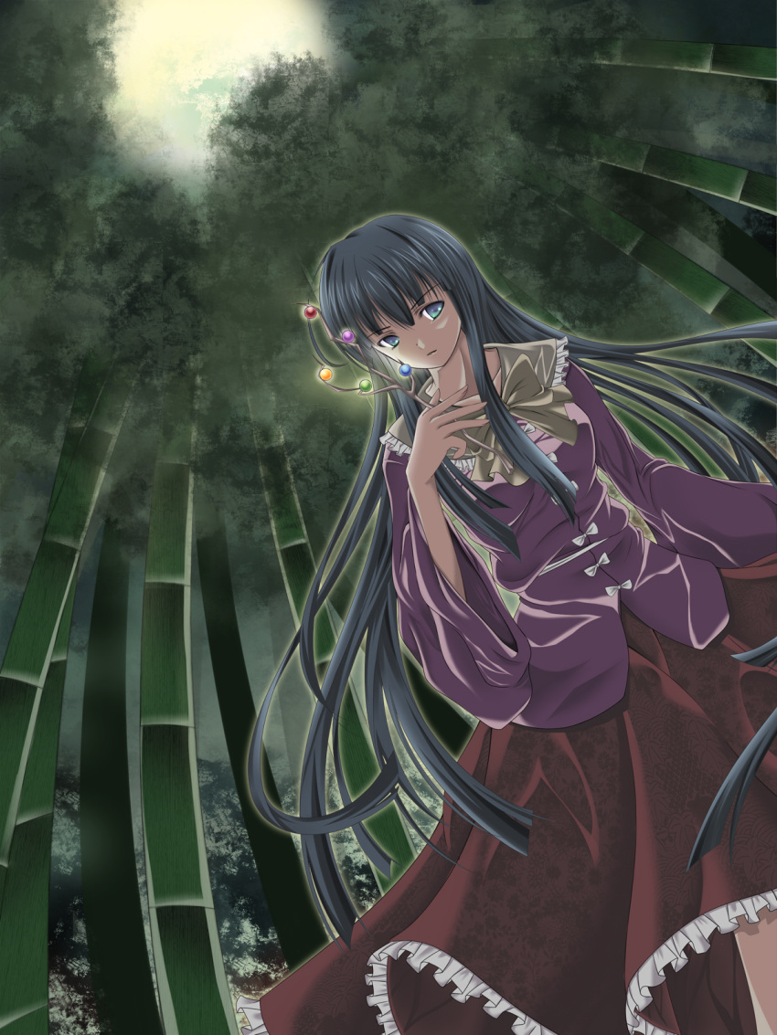 bamboo bamboo_forest black_hair blue_eyes branch dutch_angle forest from_below green_eyes highres houraisan_kaguya jeweled_branch_of_hourai long_hair long_skirt multicolored_eyes nature skirt touhou very_long_hair