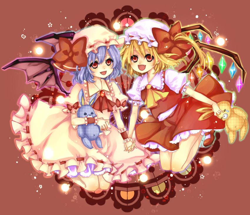 bunny fang flandre_scarlet hat highres mary_janes mata multiple_girls plush rabbit remilia_scarlet shoes siblings sisters socks touhou wallpaper wings