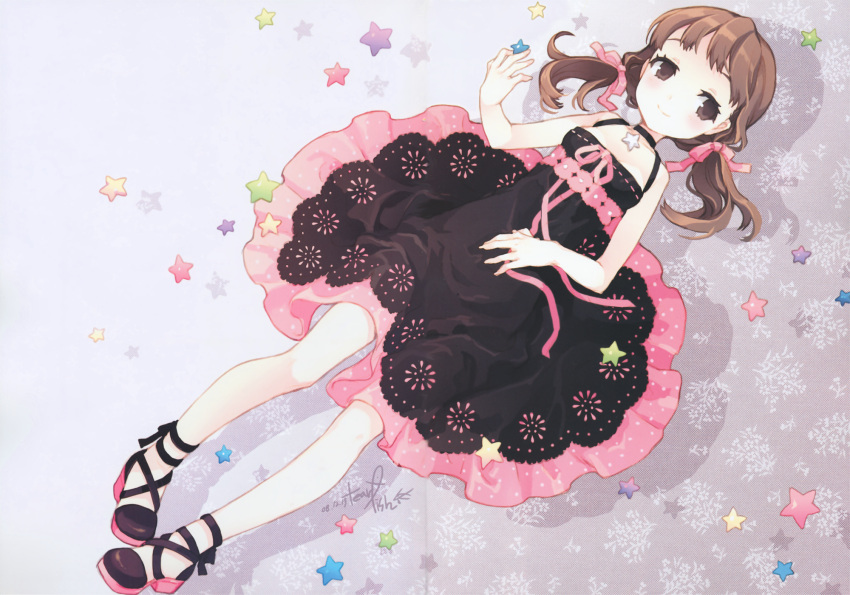 brown_hair child doujima_nanako dress face hair_ribbon highres loli lying on_back persona persona_4 ribbon scan scan_artifacts smile star tearfish twintails