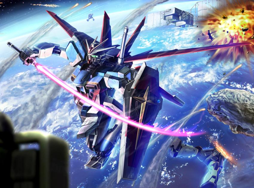 damage damaged earth energy_sword explosion gundam gundam_seed gundam_seed_destiny impulse_gundam mala mala_(artist) mecha meteor satellite shield sword weapon zaku zaku_ii zaku_ii_f/j zaku_warrior