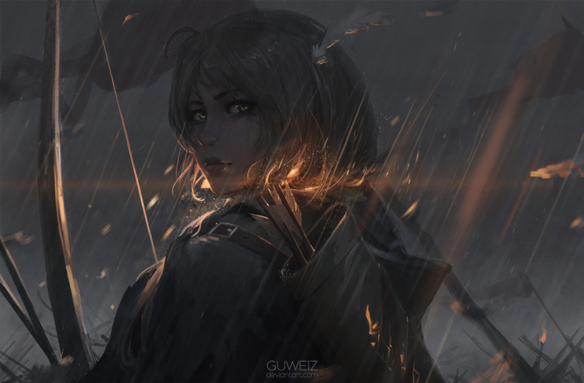 1girl arrow bow_(weapon) brown_hair closed_mouth deviantart_username feathers guweiz hair_feathers holding holding_weapon hood hood_down lips looking_at_viewer original outdoors quiver rain short_hair solo sparks upper_body weapon yellow_eyes