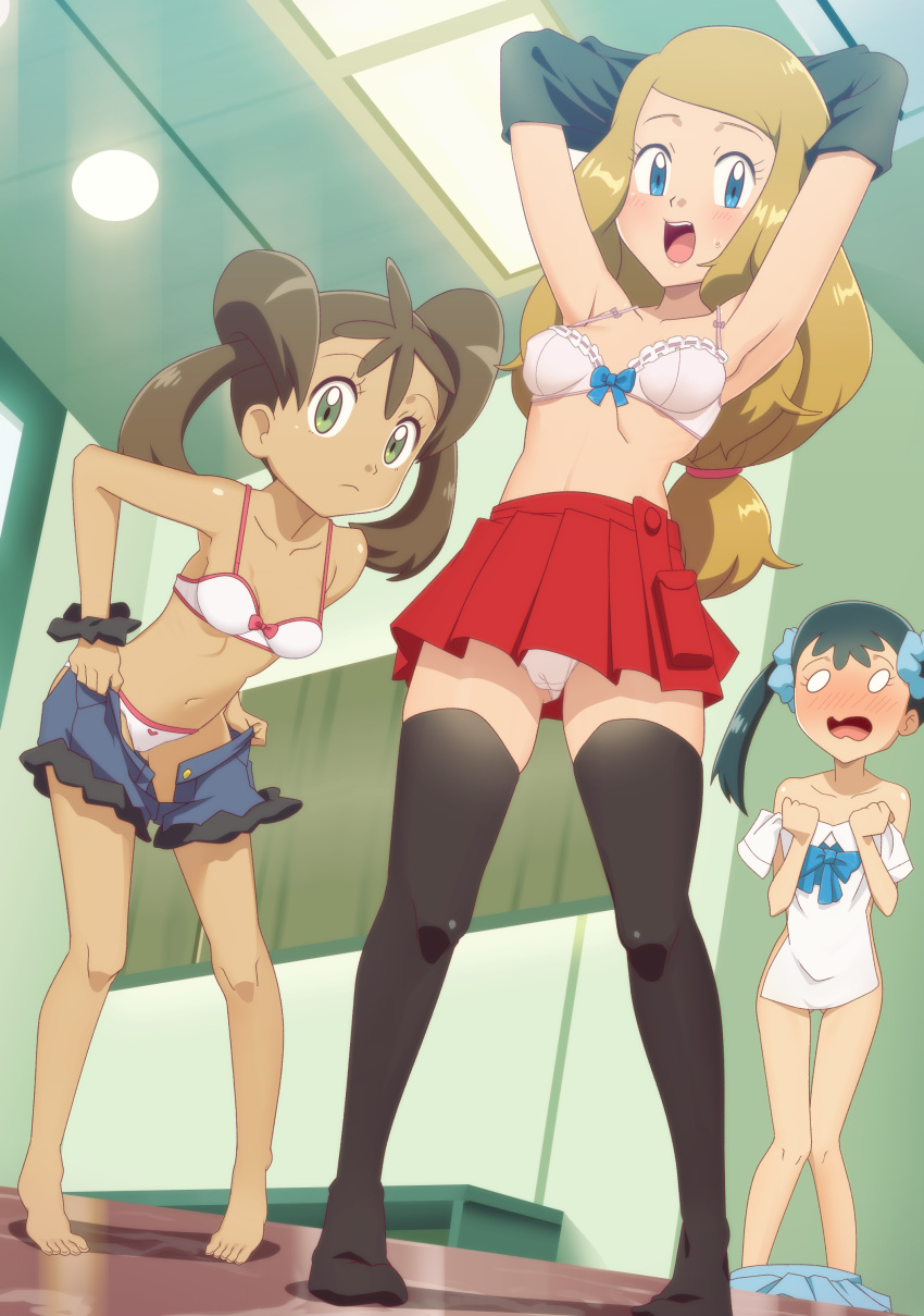 3girls :d absurdres arms_up barefoot blonde_hair blue_eyes blue_ribbon blush bow bow_bra bra breasts brown_hair changing_room covering dark_skin feet gazing_eye green_eyes highres long_hair looking_at_viewer multiple_girls navel nose_blush nude_cover o_o open_mouth panties pink_bow pokemon pokemon_(anime) pokemon_xy_(anime) red_skirt ribbon sana_(pokemon) serena_(pokemon) shirt_lift shocked_eyes shorts skirt small_breasts smile standing sweat sweatdrop thigh-highs topless twintails underwear undressing white_bra white_panties