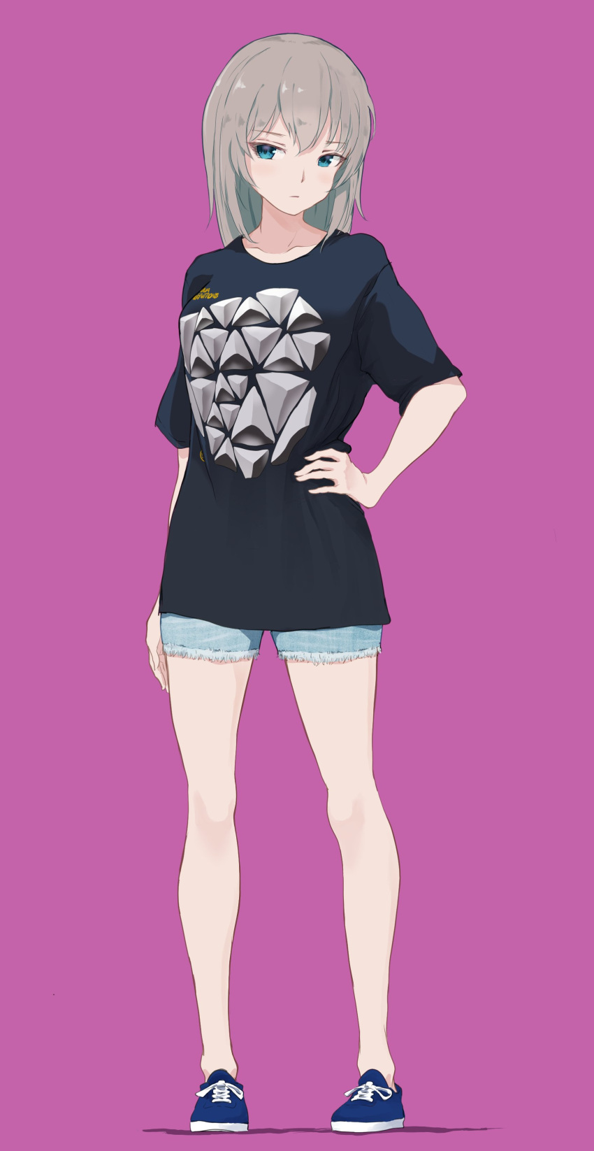 1girl absurdres bangs black_shirt blue_eyes blue_footwear blue_shorts casual closed_mouth commentary cross-laced_footwear cutoffs denim denim_shorts eyebrows_visible_through_hair full_body girls_und_panzer hand_on_hip hasisisissy highres itsumi_erika long_hair looking_at_viewer no_socks print_shirt purple_background shirt shoes short_shorts short_sleeves shorts silver_hair simple_background sneakers solo standing t-shirt