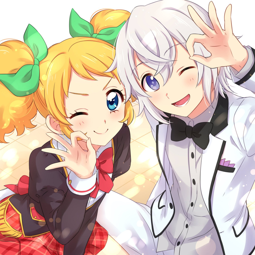 1boy 1girl 2girls :d aikatsu! black_jacket black_neckwear blonde_hair blue_eyes blush bow bowtie character_request closed_mouth eyebrows_visible_through_hair green_bow hair_between_eyes hair_bow hand_up highres jacket juliet_sleeves lavender_hair long_sleeves looking_at_viewer multiple_girls ok_sign one_eye_closed open_clothes open_jacket open_mouth pants puffy_sleeves red_neckwear red_skirt saegusa_kii sekina skirt smile twintails vest violet_eyes white_jacket white_pants
