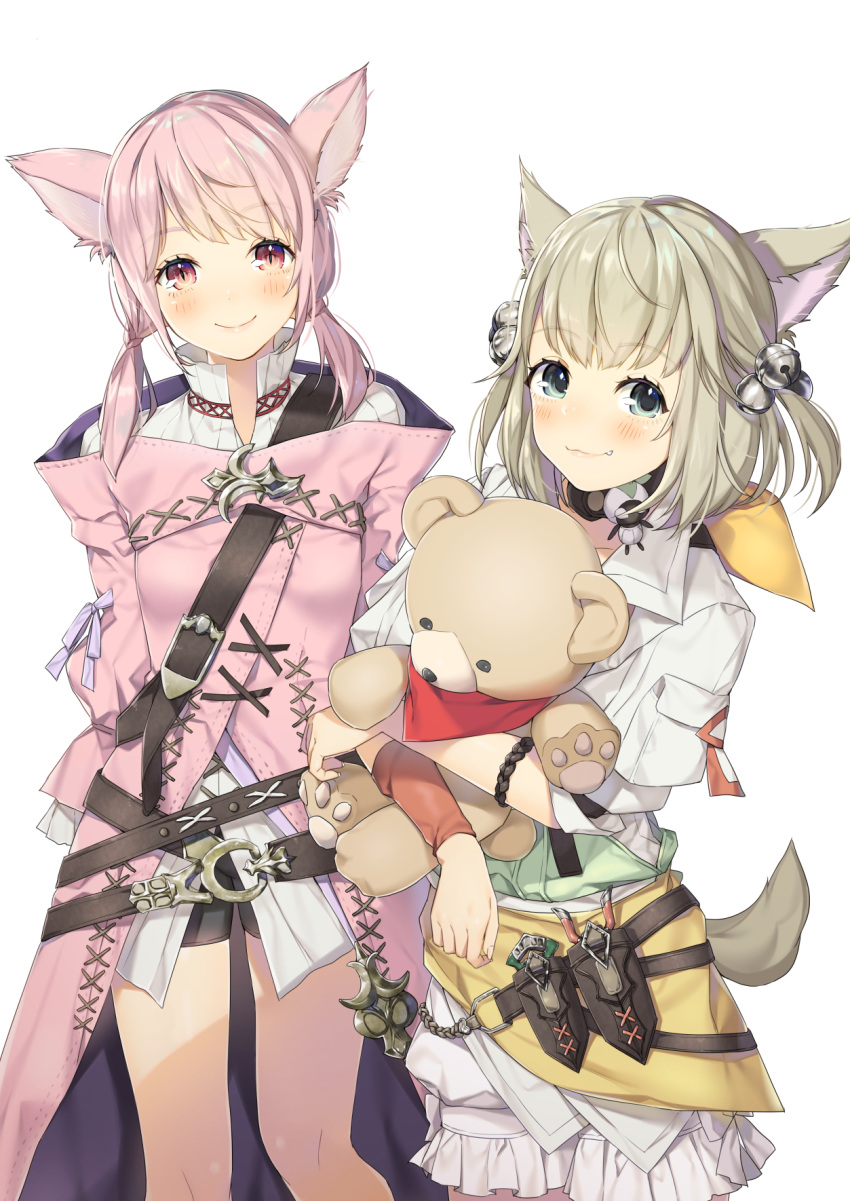 2girls animal_ears bangs bell bike_shorts black_shorts blush brown_belt cat_ears commentary_request dog_ears dog_girl dog_tail eyebrows_visible_through_hair fang fang_out final_fantasy final_fantasy_xiv fingernails green_eyes hair_bell hair_ornament head_tilt highres jacket jingle_bell light_brown_hair long_sleeves looking_at_viewer low_twintails miqo'te multiple_girls object_hug pink_coat pink_hair puffy_shorts red_eyes short_sleeves shorts simple_background slit_pupils smile stuffed_animal stuffed_toy sweater tail teddy_bear twintails white_background white_jacket white_shorts white_sweater yana_mori