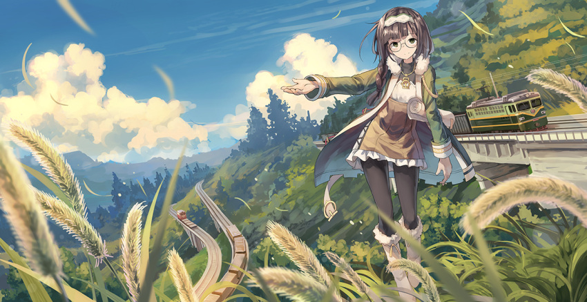 1girl black_legwear boots bridge brown_eyes brown_hair clouds cloudy_sky day dress field forest fur_trim glasses grass green_jacket hairband huanxiang_huifeng jacket jewelry long_hair long_sleeves looking_at_viewer nature necklace original outdoors outstretched_arms pantyhose pinafore_dress power_lines railroad_tracks scenery scroll shirt sky smile solo spread_arms standing tree white_footwear white_shirt