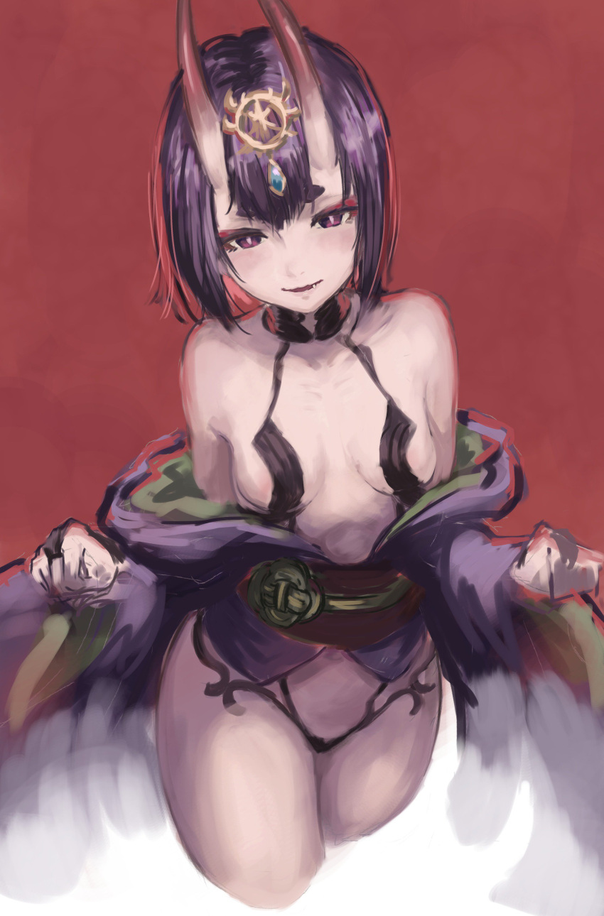 1girl absurdres bare_shoulders blush breasts bright_pupils cowboy_shot fang fate/grand_order fate_(series) gem head_tilt headpiege highres horns japanese_clothes kimono looking_at_viewer na_(oagenosuke) obi off_shoulder oni_horns purple_hair purple_kimono red_background revealing_clothes sash short_hair shuten_douji_(fate/grand_order) simple_background sketch small_breasts smile solo standing violet_eyes