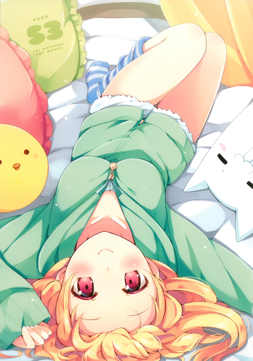 1girl absurdres artist_name bed blonde_hair collarbone from_above from_behind highres indoors long_hair looking_at_viewer lying natsume_eri on_back original pillow red_eyes short_shorts shorts smile solo striped striped_legwear sweater white_shorts