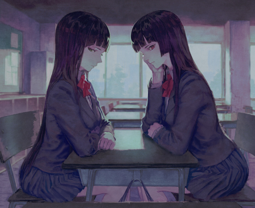 2girls bangs black_hair blue_skirt blunt_bangs bow bowtie cardigan chair chin_rest classroom closed_mouth collared_shirt desk elbows_on_table feet_out_of_frame from_side grey_eyes half-closed_eyes hand_on_own_cheek indoors long_hair long_sleeves looking_at_viewer looking_to_the_side multiple_girls original pleated_skirt red_eyes red_neckwear ryono_mizuki school_desk school_uniform shirt sitting skirt symmetry very_long_hair white_shirt wing_collar