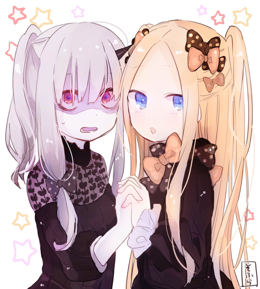 2girls :o abigail_williams_(fate/grand_order) absurdres alternate_hairstyle bags_under_eyes bangs black_bow black_dress blonde_hair blue_eyes blush bow brown_bow dress eyebrows_visible_through_hair fate/grand_order fate_(series) hair_between_eyes hair_bow hand_holding highres interlocked_fingers lavinia_whateley_(fate/grand_order) long_sleeves looking_at_viewer looking_to_the_side multiple_girls orange_bow parted_bangs parted_lips pink_eyes polka_dot polka_dot_bow shaded_face signature silver_hair sofra star starry_background two_side_up white_background