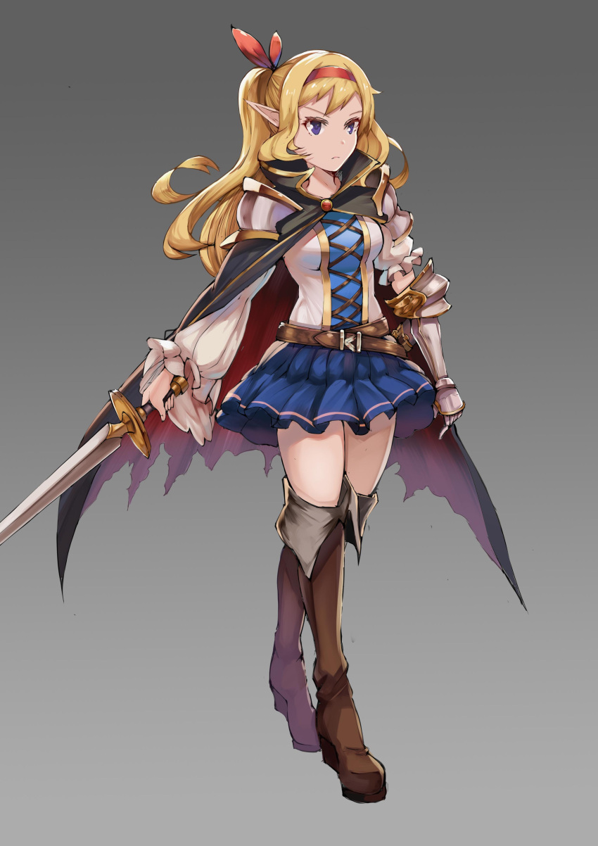1girl absurdres asymmetrical_sleeves belt black_cape blonde_hair blue_eyes blue_skirt boots brown_footwear cape full_body gauntlets grey_background headband highres holding holding_sword holding_weapon knee_boots kumori_(pixiv24446782) original pointy_ears skirt solo standing sword weapon