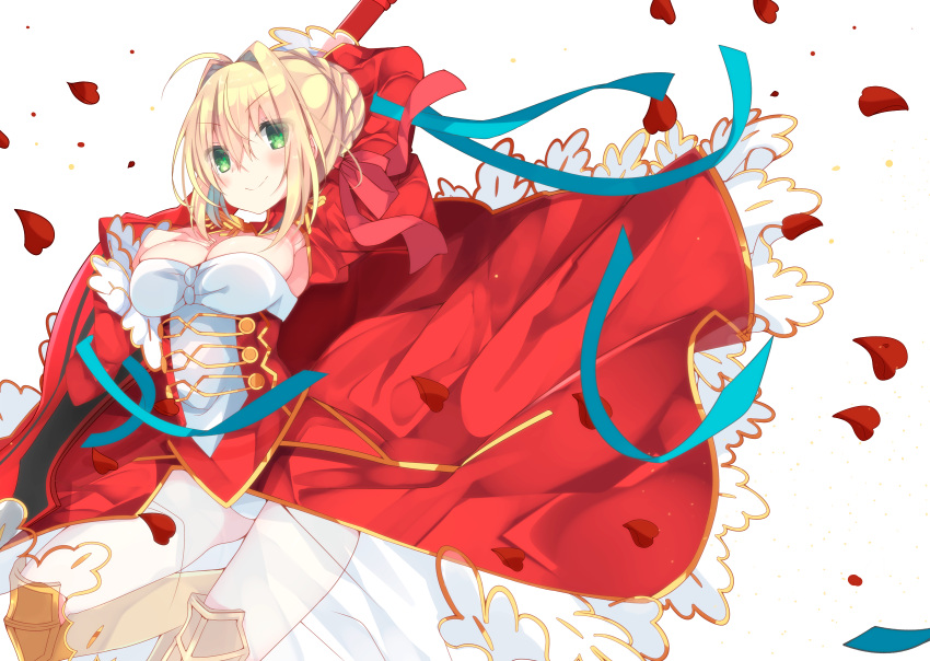 1girl blonde_hair blush breasts cleavage dress fate/grand_order fate_(series) green_eyes highres large_breasts looking_at_viewer n.g. nero_claudius_(fate) nero_claudius_(fate)_(all) petals red_dress satsuki_mayuri see-through simple_background smile solo