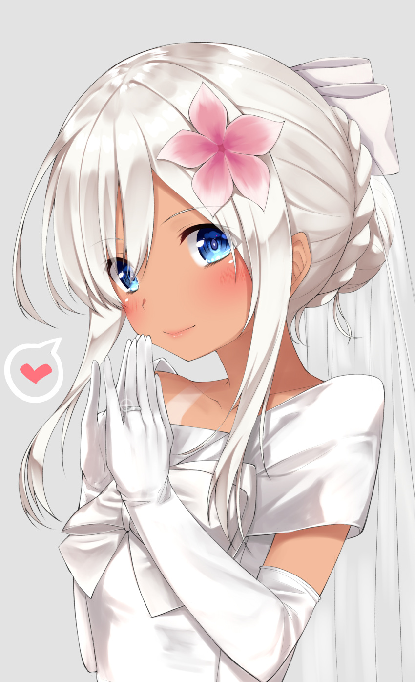 1girl absurdres alternate_costume blue_eyes blush dress flower gloves go-1 hair_flower hair_ornament heart highres jewelry kantai_collection ribbon ring ro-500_(kantai_collection) simple_background smile solo tan tanline white_dress white_hair