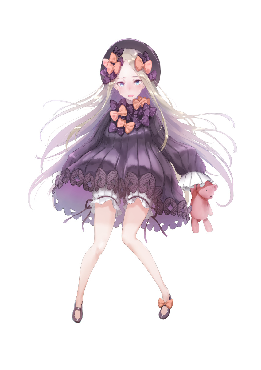 1girl :o abigail_williams_(fate/grand_order) absurdres bangs black_bow black_dress black_footwear black_hat blonde_hair bloomers blue_eyes blush bow butterfly crying crying_with_eyes_open dress fate/grand_order fate_(series) full_body hair_bow hands_in_sleeves hat highres holding holding_stuffed_animal kachayori long_hair long_sleeves looking_at_viewer orange_bow parted_bangs parted_lips polka_dot polka_dot_bow shoes simple_background solo standing stuffed_animal stuffed_toy tears teddy_bear underwear very_long_hair white_background white_bloomers