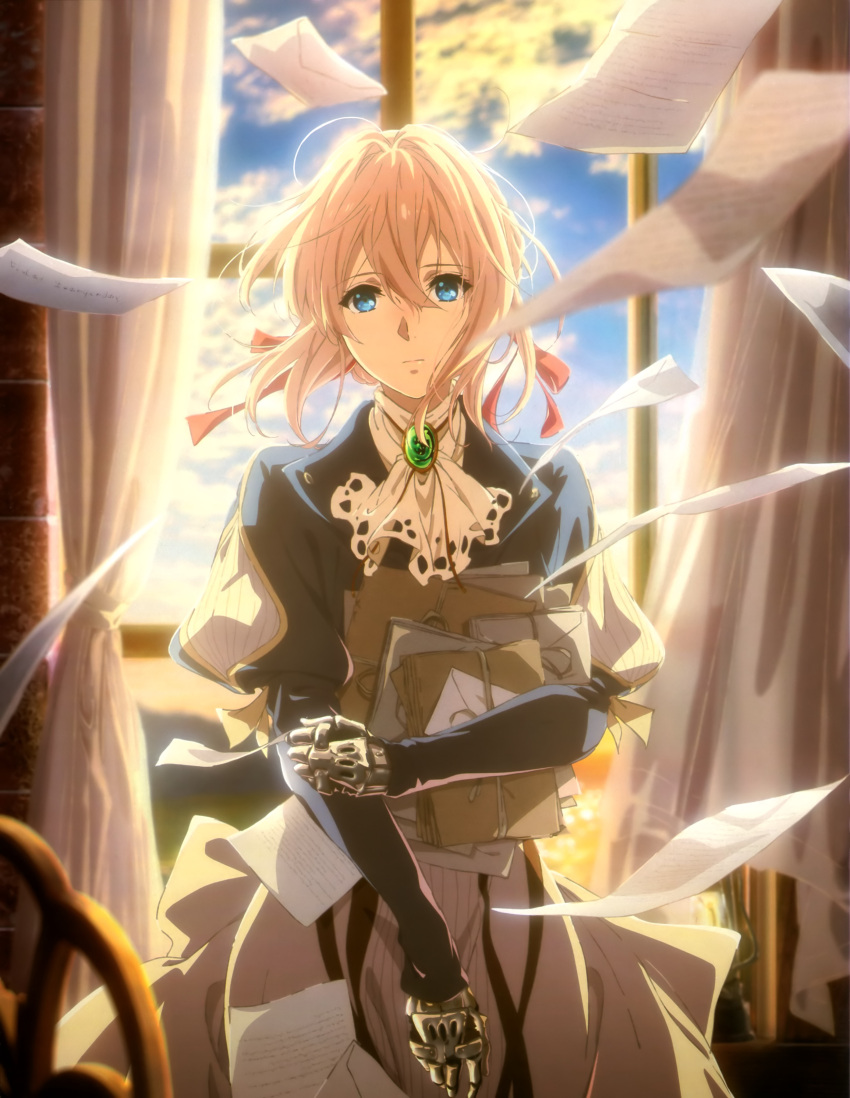 1girl absurdres blonde_hair blue_eyes blue_jacket braid dress hair_ribbon highres jacket jewelry looking_at_viewer mechanical_hand necklace ribbon skirt solo violet_evergarden violet_evergarden_(character) white_skirt