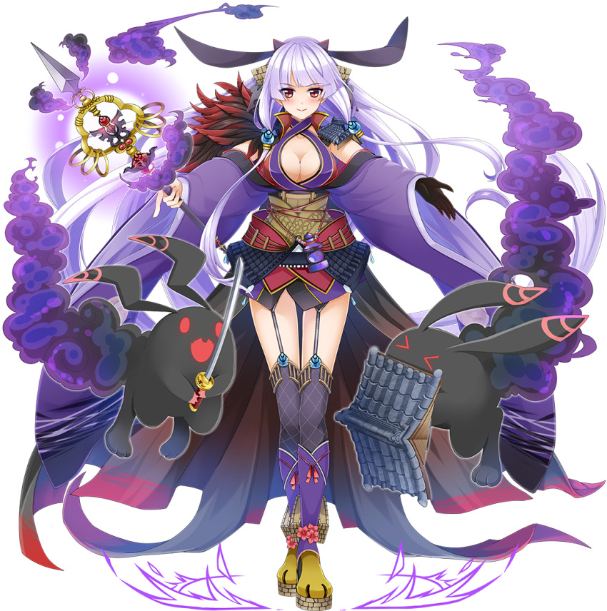 1girl :&gt; absurdly_long_hair breasts cleavage collarbone detached_sleeves eyebrows_visible_through_hair familiar full_body hair_ornament holding holding_staff holding_sword holding_weapon kanna_(chaos966) large_breasts long_hair looking_at_viewer official_art oshiro_project oshiro_project_re rabbit red_eyes shinguu_(oshiro_project) solo staff sword thigh-highs transparent_background very_long_hair weapon white_hair