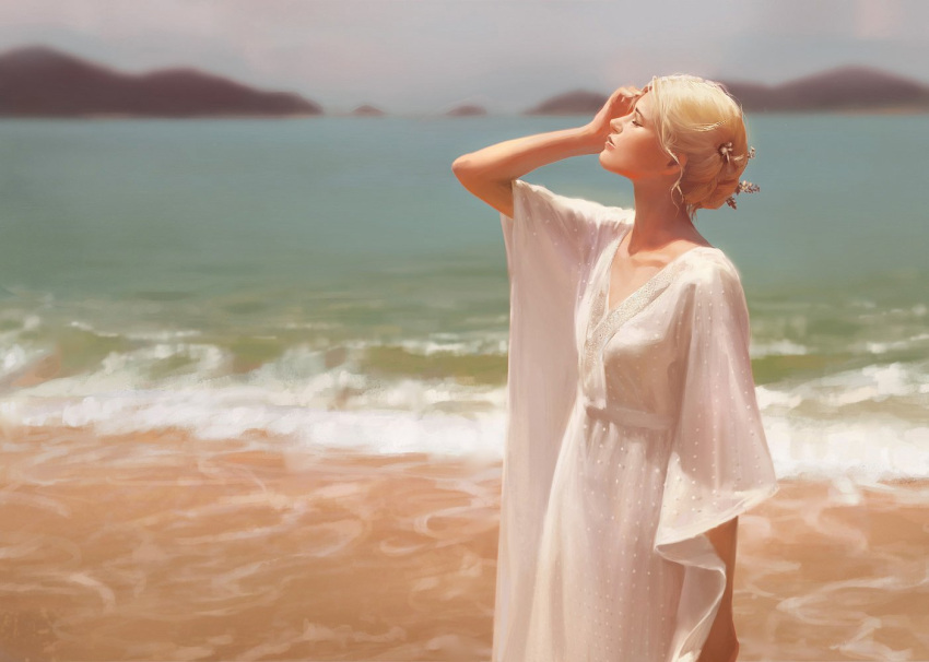 1girl arm_at_side blonde_hair blurry blurry_background closed_eyes closed_mouth commentary cowboy_shot day depth_of_field dress from_side guweiz hair_ornament hand_on_own_face hand_up ocean original outdoors profile short_hair solo standing water white_dress wide_sleeves