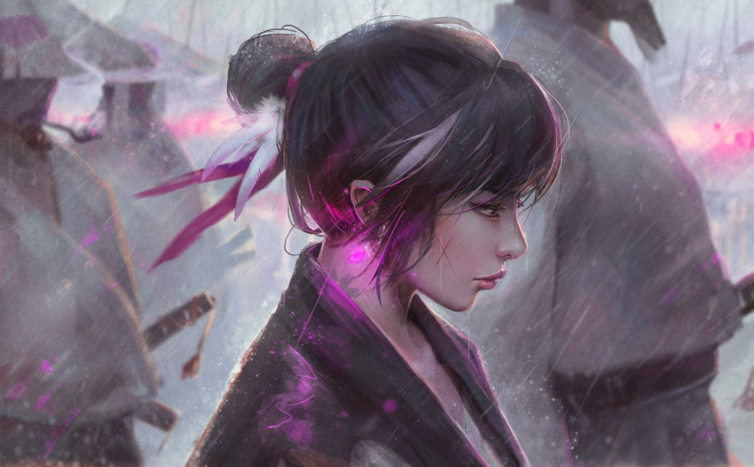 1girl black_eyes black_hair closed_mouth cross_scar earrings from_side glowing guweiz hair_bun hat japanese_clothes jewelry katana multicolored_hair original pink_lips pipe scar scar_on_cheek short_hair smoke smoking solo_focus standing straw_hat streaked_hair sword weapon