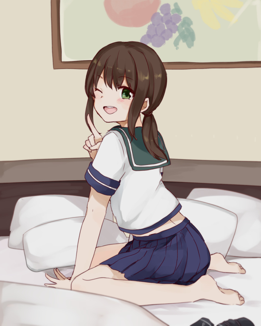 1girl ;d bag bare_legs barefoot bed bed_sheet black_legwear blanket blue_skirt blush eyebrows_visible_through_hair fubuki_(kantai_collection) highres hiroe_(cosmos_blue-02_421) index_finger_raised indoors kantai_collection leaning_forward long_hair looking_at_viewer low_ponytail no_legwear on_bed one_eye_closed open_mouth picture_(object) picture_frame pleated_skirt round_teeth school_uniform serafuku shirt short_sleeves sidelocks sitting skirt smile solo teeth thighhighs_removed wariza white_shirt