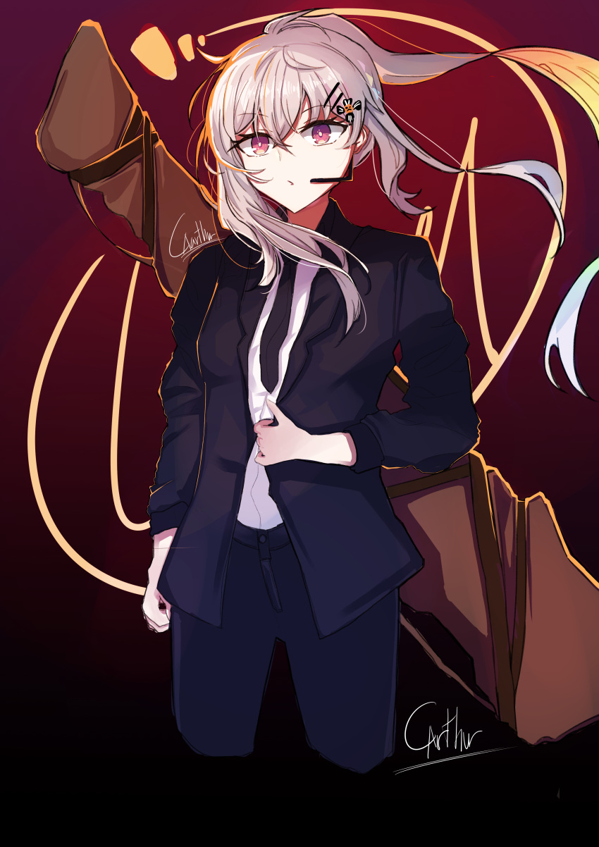 1girl absurdres alternate_costume arthur_(aseo) bag bag_behind_back black_jacket black_neckwear black_pants collared_shirt eyebrows_visible_through_hair girls_frontline gradient gradient_background hair_ornament hairclip headset highres holding_jacket iws-2000_(girls_frontline) jacket long_hair long_sleeves looking_awau necktie open_clothes open_jacket pants parted_lips ponytail red_eyes shirt signature silver_hair sleeves_rolled_up solo strap weapon_bag white_shirt