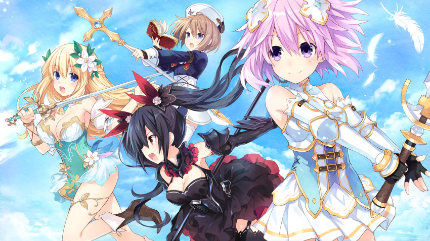 4girls :d black_dress black_gloves black_hair blanc blonde_hair blue_eyes blue_skirt blue_sky book breastplate breasts brown_footwear brown_hair cat choujigen_game_neptune cleavage clouds day detached_sleeves dress elbow_pads eyebrows_visible_through_hair fingerless_gloves floating_hair gauntlets gloves hair_between_eyes hair_ornament high_heels highres holding holding_book holding_sword holding_weapon index_finger_raised long_hair medium_breasts microskirt miniskirt multiple_girls neptune_(choujigen_game_neptune) neptune_(series) noire open_book open_mouth outdoors pink_hair pleated_skirt polearm red_eyes short_dress short_hair skirt sky sleeveless sleeveless_dress smile spaulders spiky_hair staff standing strapless sword thigh-highs tsunako twintails vert violet_eyes weapon white_cat white_feathers white_legwear white_skirt