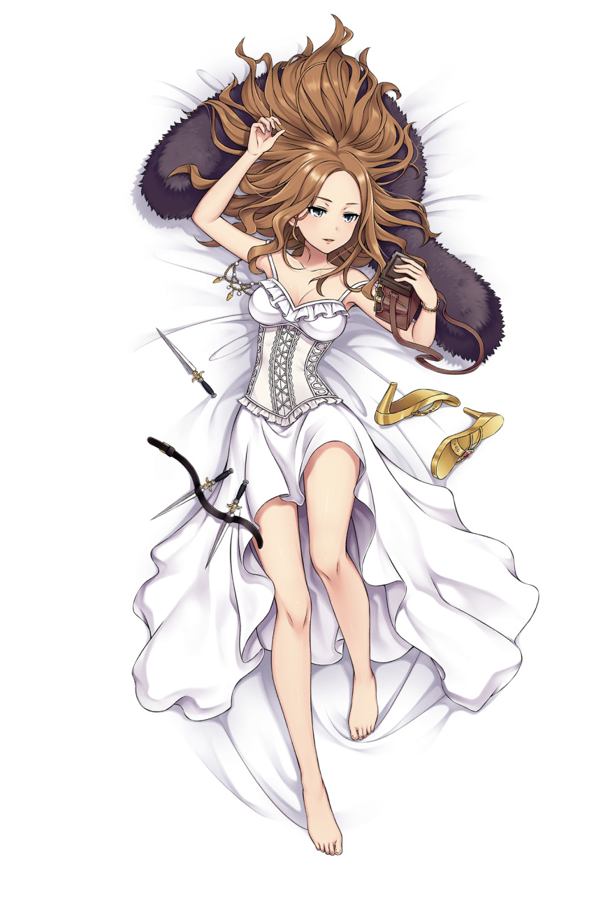 1girl annette_grace arm_up barefoot blue_eyes bracelet breasts brown_hair cleavage dress fur_scarf highres jewelry knife long_hair looking_at_viewer lying medium_breasts necklace_removed official_art on_back parted_lips princess_principal princess_principal_game_of_mission shoes_removed throwing_knife transparent_background weapon white_dress yellow_footwear
