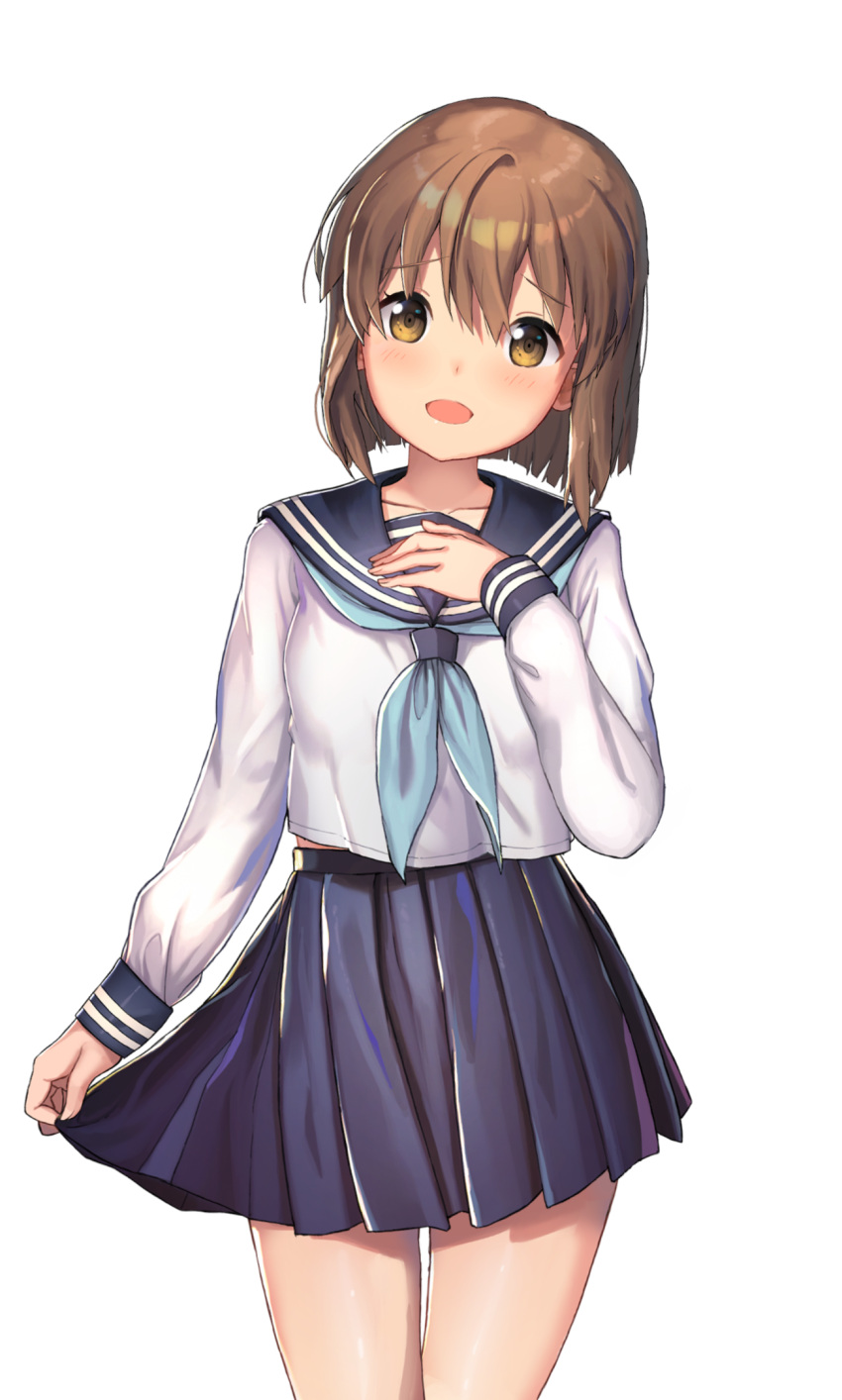 1girl :d blue_neckwear blue_skirt blush brown_hair collarbone commentary_request cowboy_shot fingernails hagiwara_yukiho hand_on_own_chest head_tilt highres idolmaster kuri_choko long_sleeves looking_at_viewer neckerchief open_mouth pleated_skirt school_uniform serafuku shirt short_hair simple_background skirt skirt_hold smile solo white_background white_shirt yellow_eyes