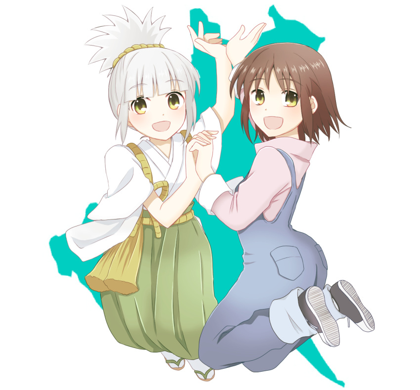 2girls brown_hair green_skirt hair_between_eyes hair_ornament highres isojin0025 jumpsuit multiple_girls pink_shirt sandals shirt shoes skirt sneakers white_hair white_shirt yellow_eyes