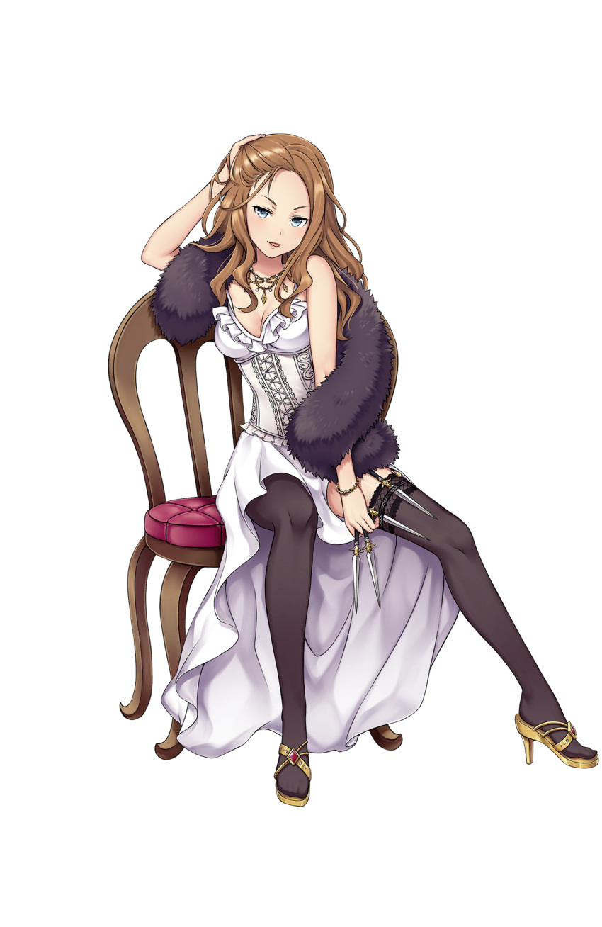 1girl annette_grace black_legwear blue_eyes bracelet breasts brown_hair chair cleavage dress fur_scarf hand_on_own_head hand_up high_heels highres jewelry knife long_hair looking_at_viewer medium_breasts necklace official_art princess_principal princess_principal_game_of_mission sitting thigh-highs throwing_knife transparent_background weapon white_dress yellow_footwear