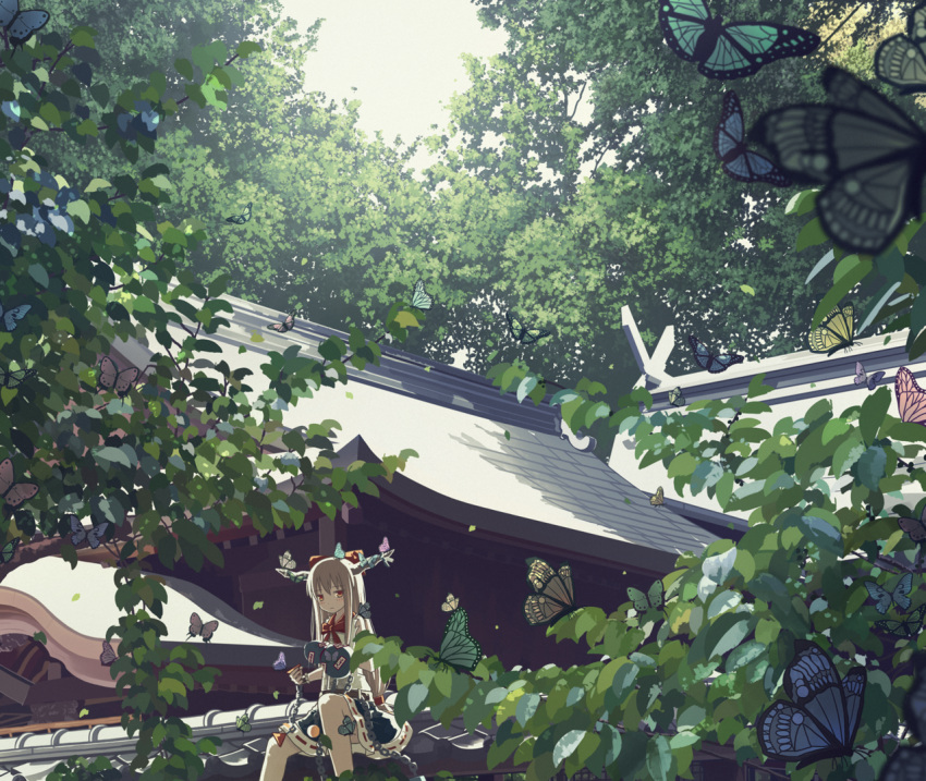 1girl blue_skirt bow brown_hair butterfly commentary_request day gourd hair_bow horn_ribbon horns ibuki_suika koyuki_ekaki long_hair looking_at_viewer low-tied_long_hair outdoors red_bow red_eyes ribbon ribbon-trimmed_skirt ribbon_trim rooftop shirt shrine sitting skirt solo summer touhou tree white_shirt