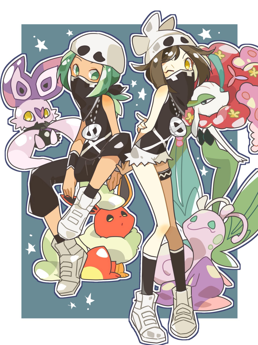 1boy 1girl bandana_over_mouth bandanna bare_shoulders beanie black_pants brown_hair capri_pants cosplay dark_skin dark_skinned_male flareon florges gen_1_pokemon gen_6_pokemon green_eyes green_hair hat hau_(pokemon) highres jewelry kirakiya mizuki_(pokemon) necklace noibat one_eye_closed pants pokemon pokemon_(creature) pokemon_(game) pokemon_sm ponytail shirt short_hair short_shorts shorts skull_necklace sliggoo team_skull_uniform thigh_strap white_shirt wristband yellow_eyes