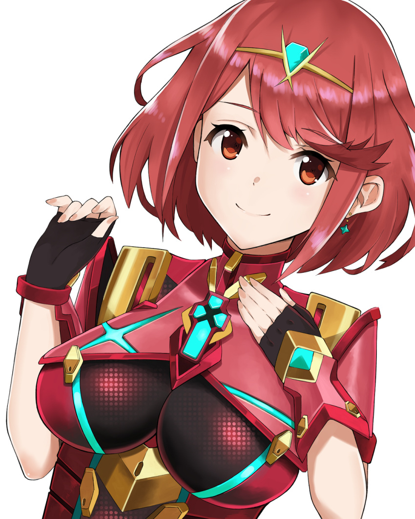 1girl arm_at_side armor bangs black_gloves bodysuit breasts chromatic_aberration circlet closed_mouth earrings eyebrows_visible_through_hair fingerless_gloves gloves hand_on_own_chest highres pyra_(xenoblade) impossible_bodysuit impossible_clothes j@ck jewelry large_breasts looking_at_viewer red_eyes redhead simple_background smile solo swept_bangs upper_body xenoblade xenoblade_2