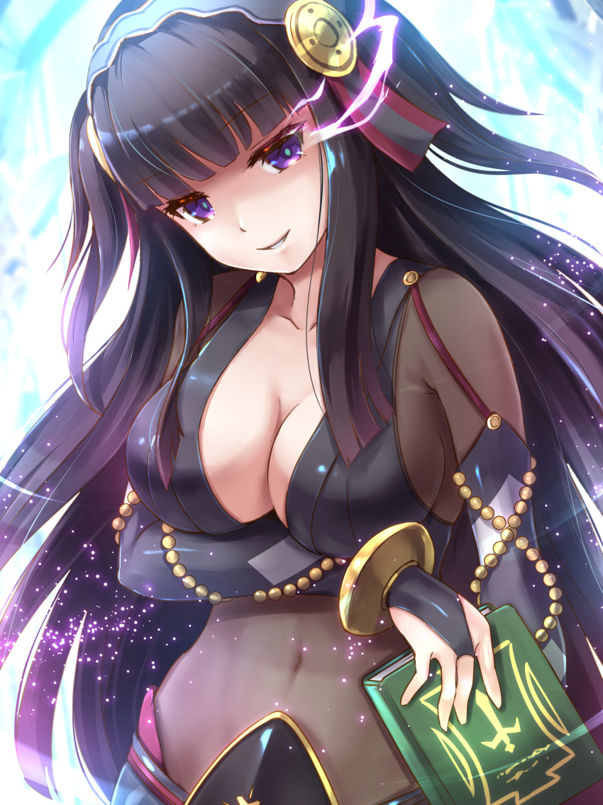 1girl aura black_hair bodystocking book breasts cleavage covered_navel fire_emblem fire_emblem_heroes fire_emblem_if highres looking_at_viewer navel smile solo stomach syalla_(fire_emblem_if) tayashitsu toned upper_body violet_eyes