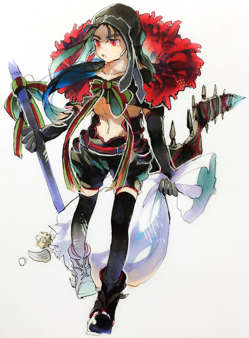 1boy black_footwear black_legwear blue_hair boots child cu_chulainn_alter_(fate/grand_order) fang fate/grand_order fate_(series) full_body highres hood kakuremino_(mnt55) lancer long_hair male_focus open_mouth red_eyes ribbon sack santa_costume shorts simple_background solo tail thigh-highs walking white_background younger