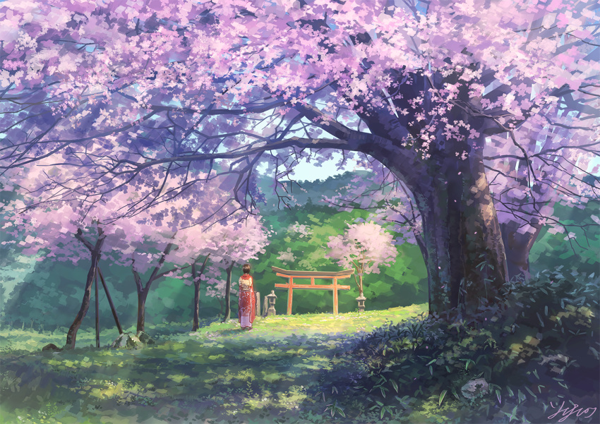 1girl brown_hair cherry_blossoms day from_behind looking_away original outdoors revision scenery short_hair signature somei_yoshinori spring_(season) torii tree